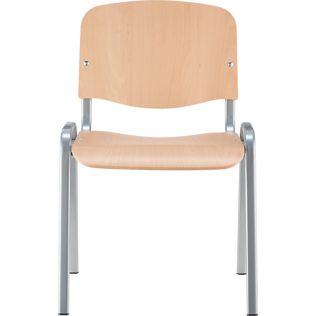 Stoel met lichte houten rug en zitting, zilveren metalen poten, vooraanzicht.