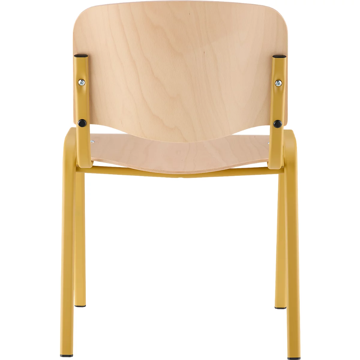 Stoel van licht hout met een geel frame, achteraanzicht. Details: Rugleuning en zitting zijn lichtbruin, frame geel.