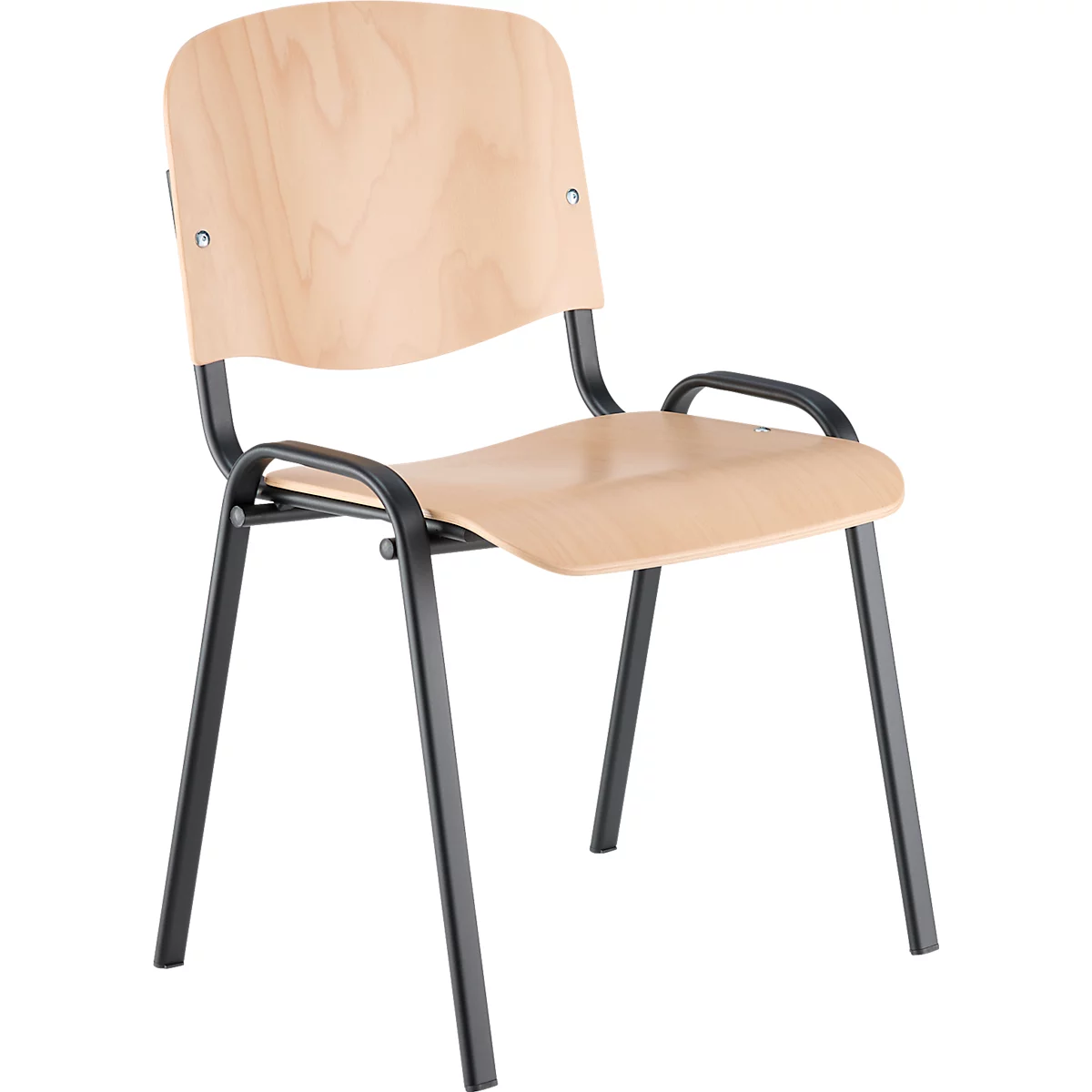 Stoel met licht houten frame en zwart frame. Zitting en rugleuning zijn ergonomisch gevormd.