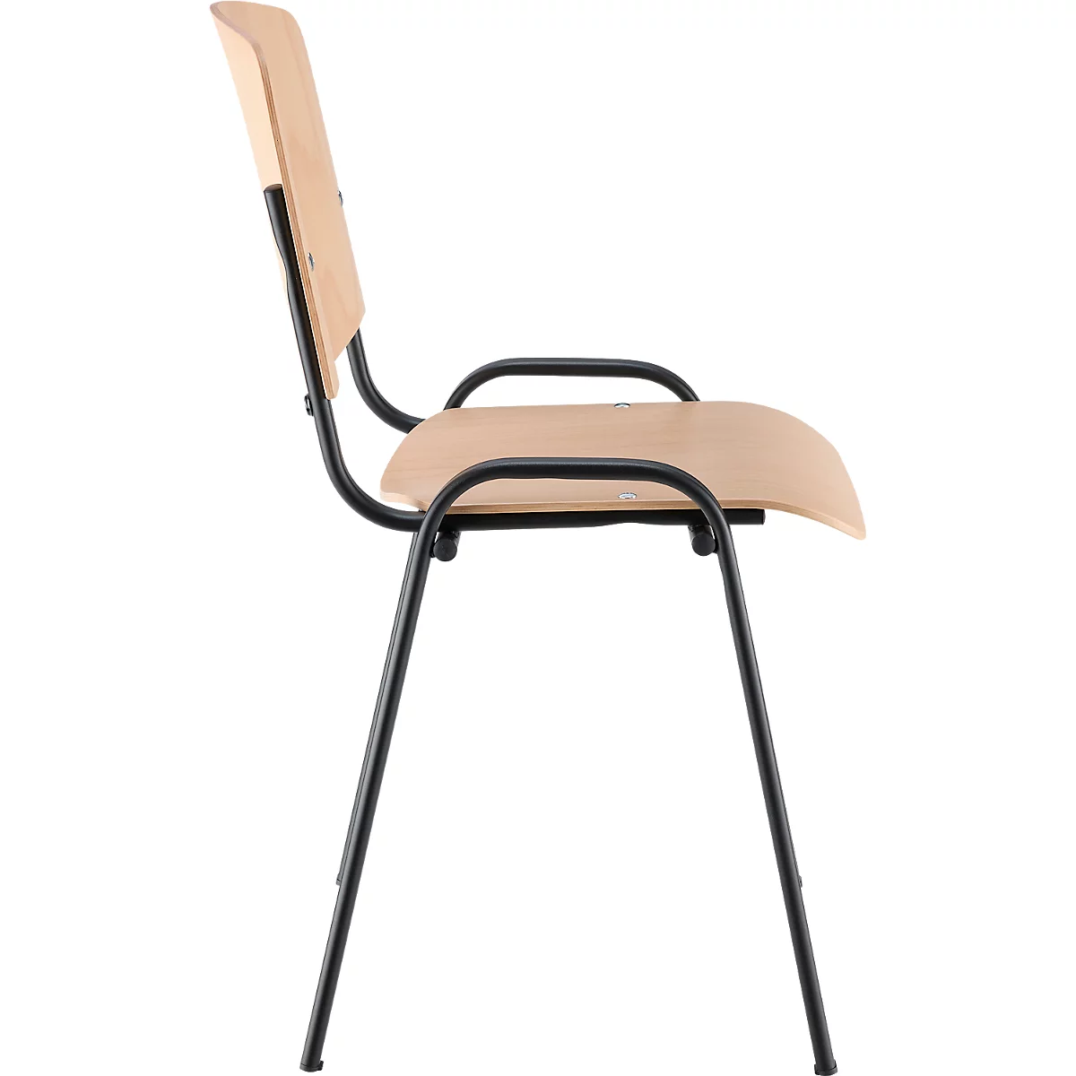 Stoel van licht hout, zwart frame. Zijaanzicht.