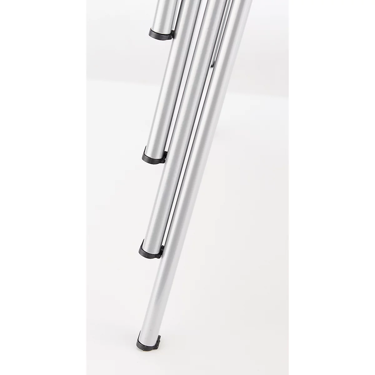Close-up of three silver shiny table legs on a white background. Black rubber feet on the ends.