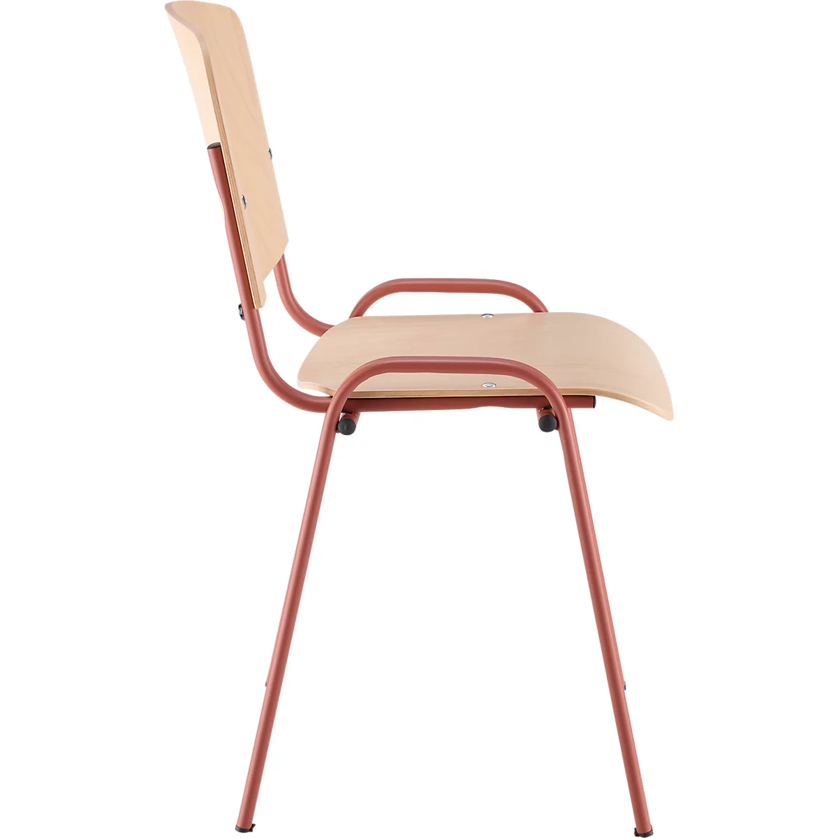 Wooden chair with red frame. Light seat and backrest, metal frame.