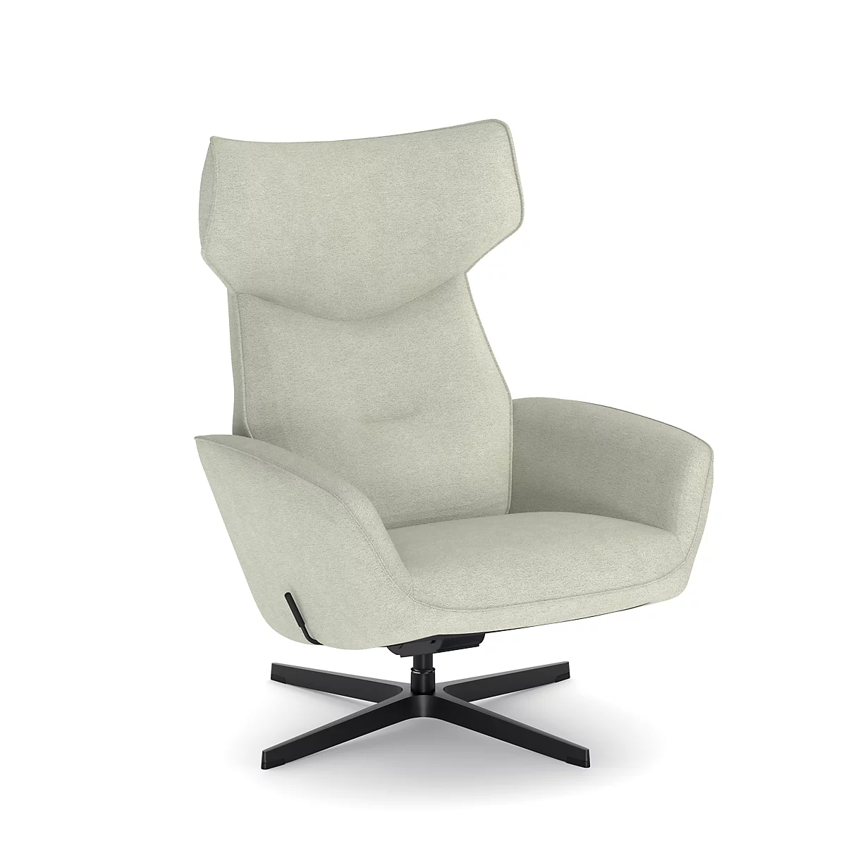 Beige fauteuil met hoge rugleuning en zwarte stervoet. De rugleuning is hoog en de zitting is gestoffeerd.