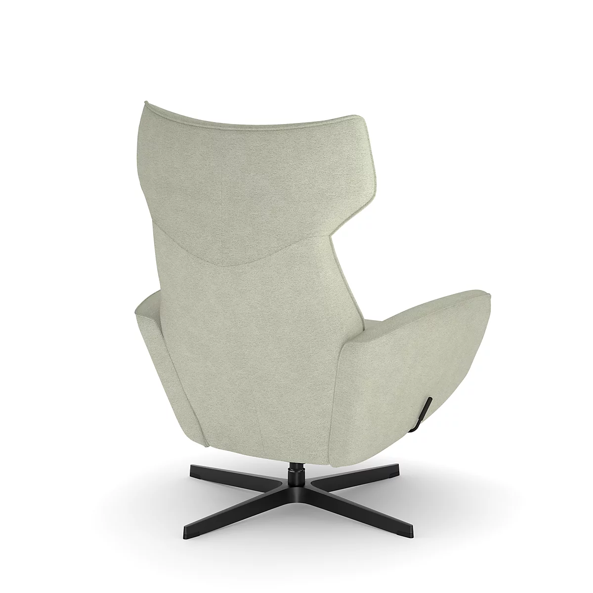 Beige fauteuil van achteren. Zwarte, stervormige voet. Hoge rugleuning.