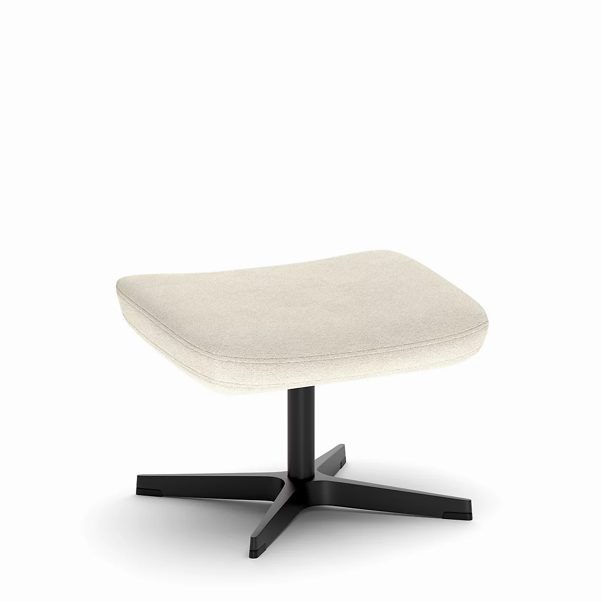 Pouf beige avec base en métal noir sur fond blanc.