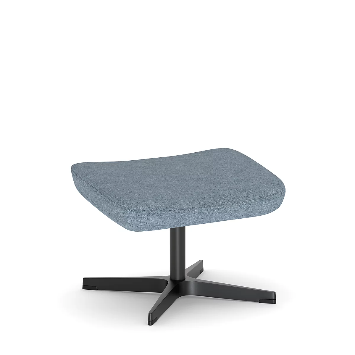 Pouf rembourré bleu clair avec une base noire sur fond blanc.