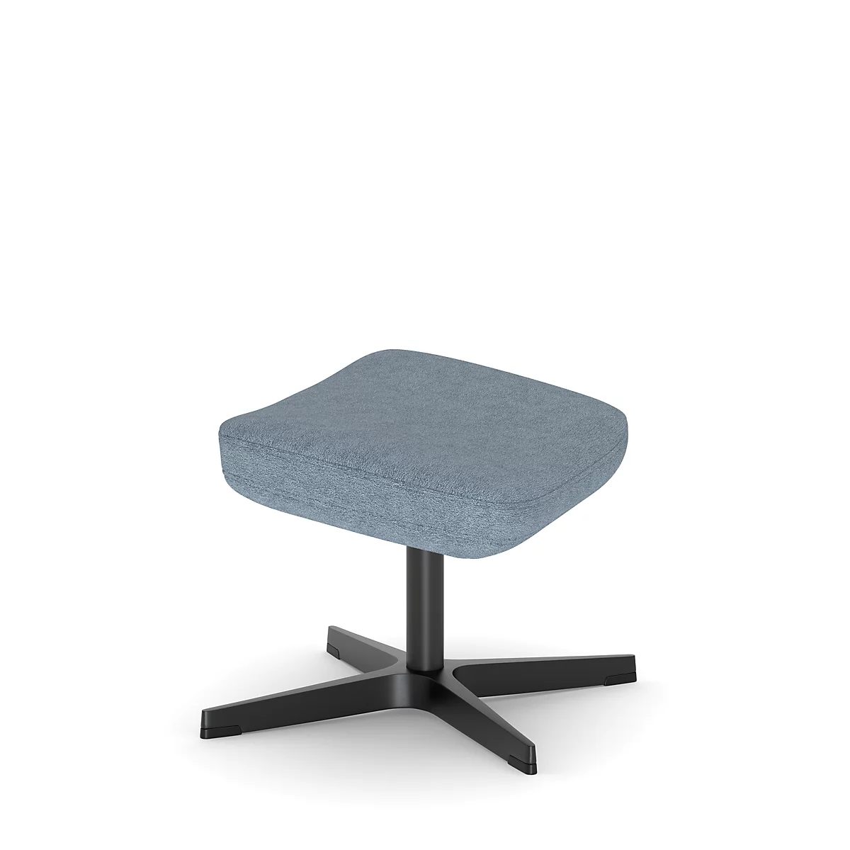 Tabouret rembourré bleu clair avec base en étoile noire sur fond blanc.