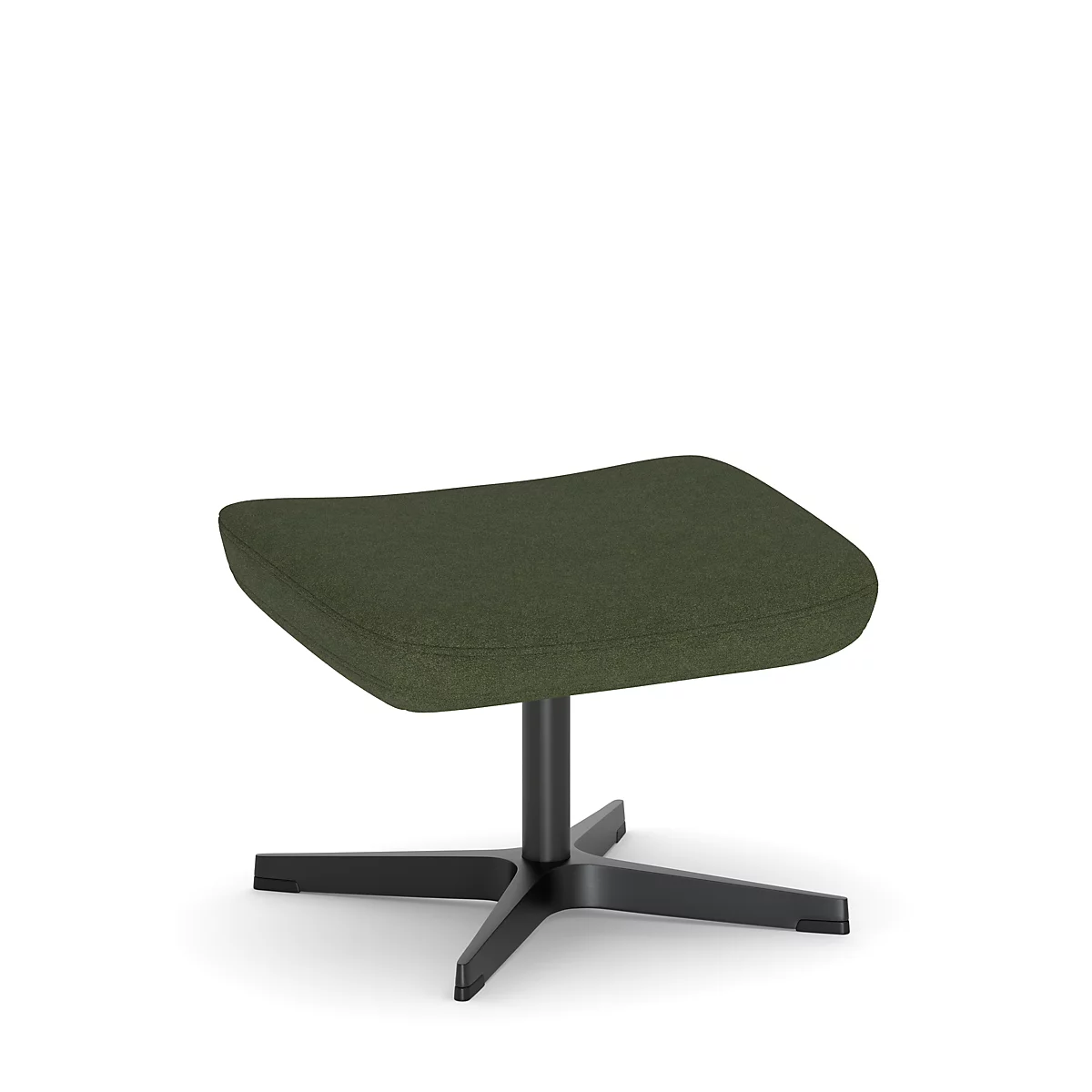Tabouret vert rembourré avec piètement noir sur fond blanc.