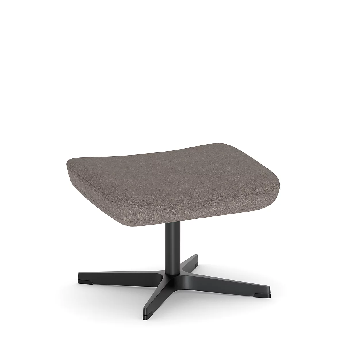 Pouf gris avec base noire à quatre pieds, isolé sur fond blanc.