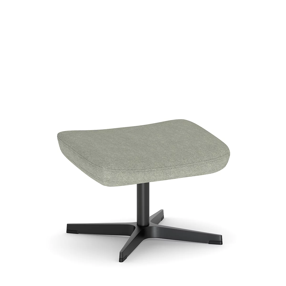 Pouf avec assise carrée rembourrée. Base noire en forme d'étoile. Le fond est blanc.