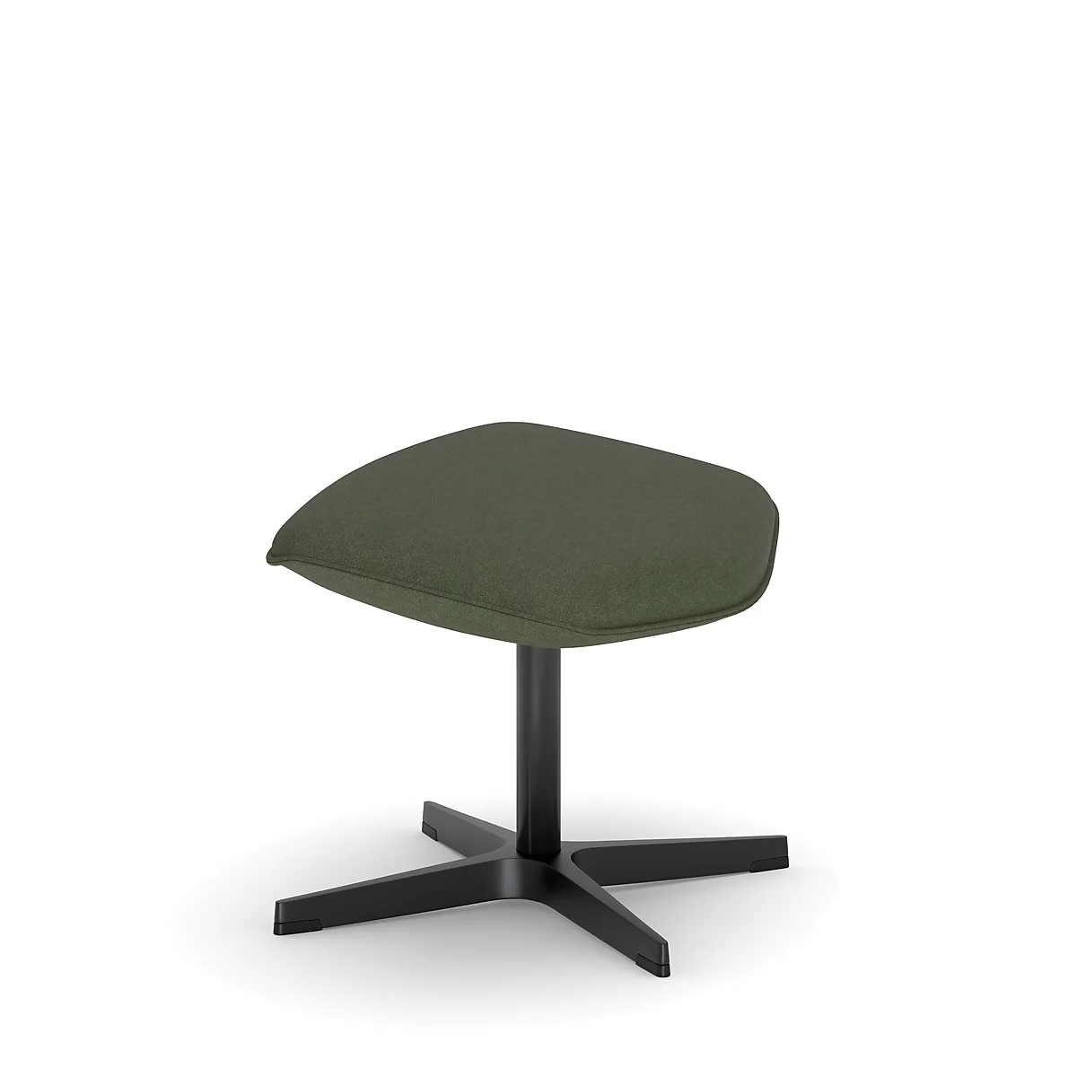 Tabouret avec assise vert foncé et cadre noir. L'assise est rembourrée, le cadre en forme d'étoile.