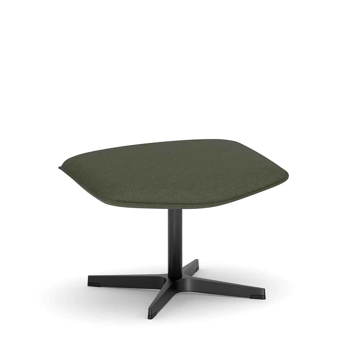 Tabouret avec assise vert olive et structure en métal noir. L'assise est de forme irrégulière.
