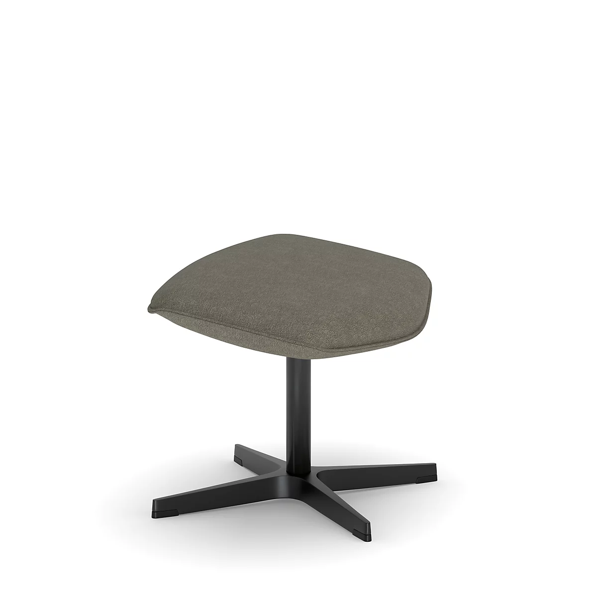 Tabouret avec assise grise et base noire. Il se dresse devant un fond blanc.