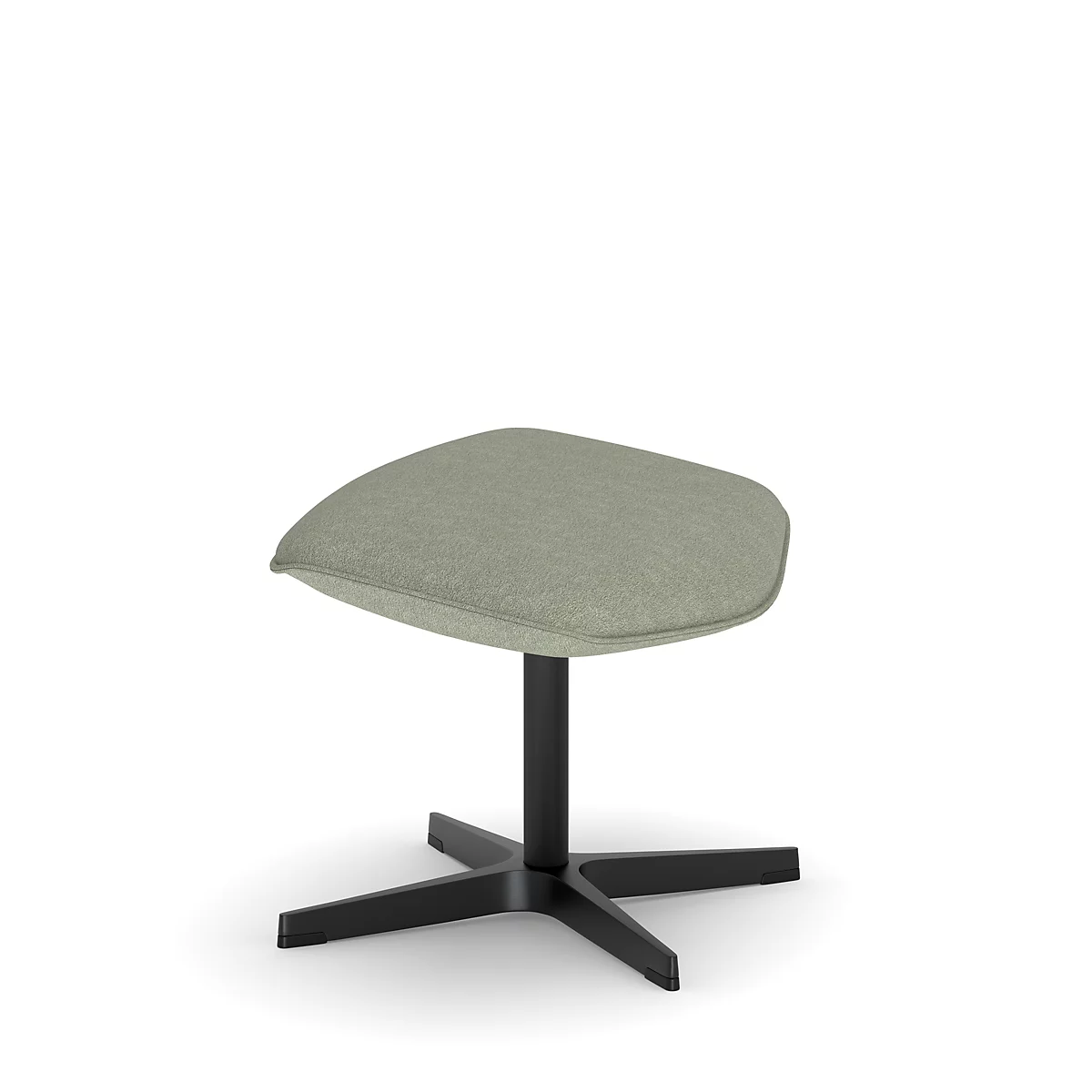 Tabouret avec assise rembourrée verdâtre sur base noire en forme d'étoile.