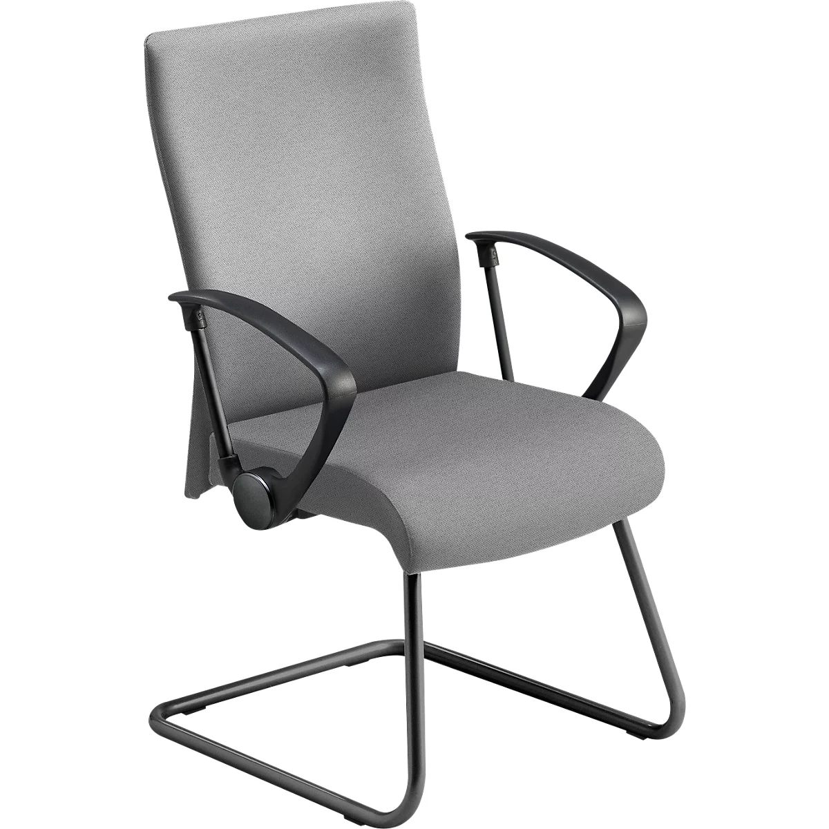 Grijze bureaustoel met armleuningen. Zwart frame, stoffen bekleding, hoge rug.