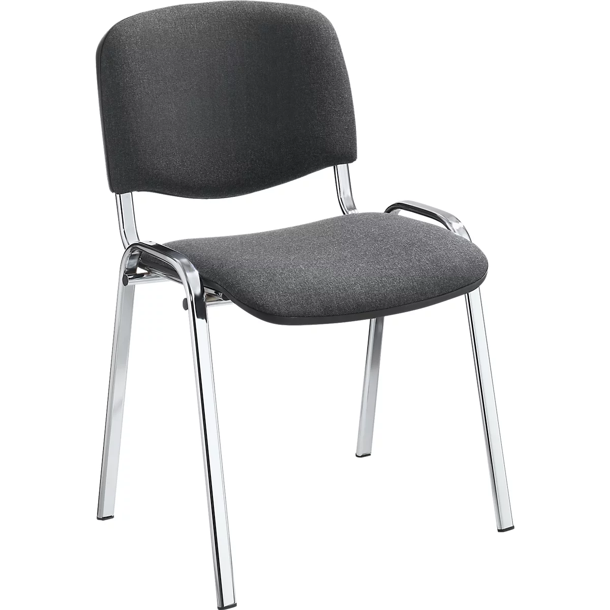 Gray chair with metal frame. Upholstered seat and backrest. Armrests and legs made of shiny metal.