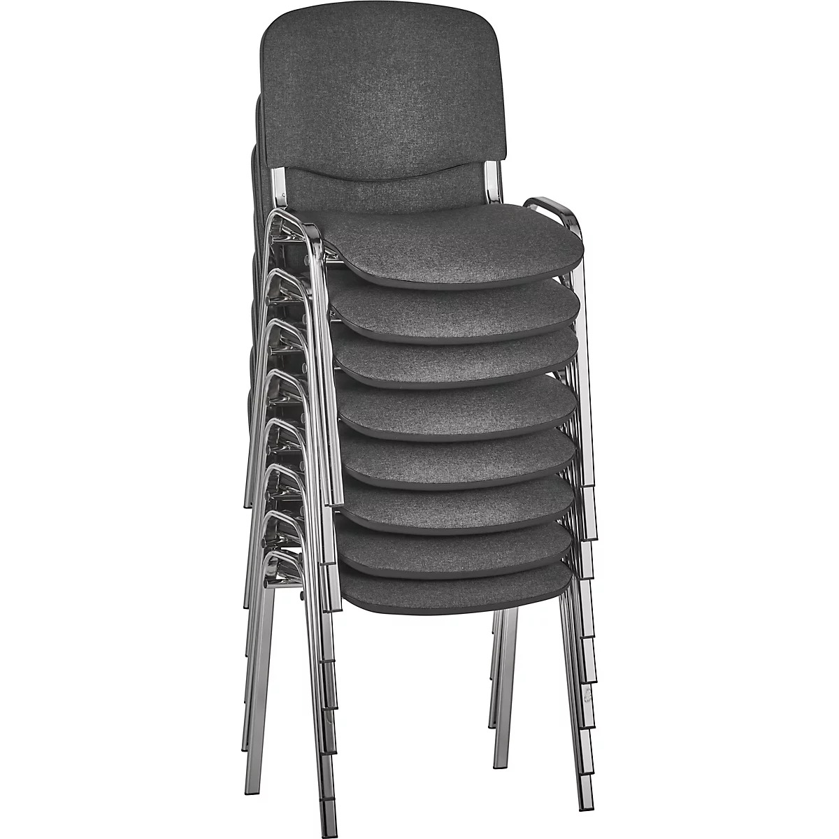 Stack of gray conference chairs with chrome frames. The chairs are stacked on top of each other, showing the seat, back and armrests.