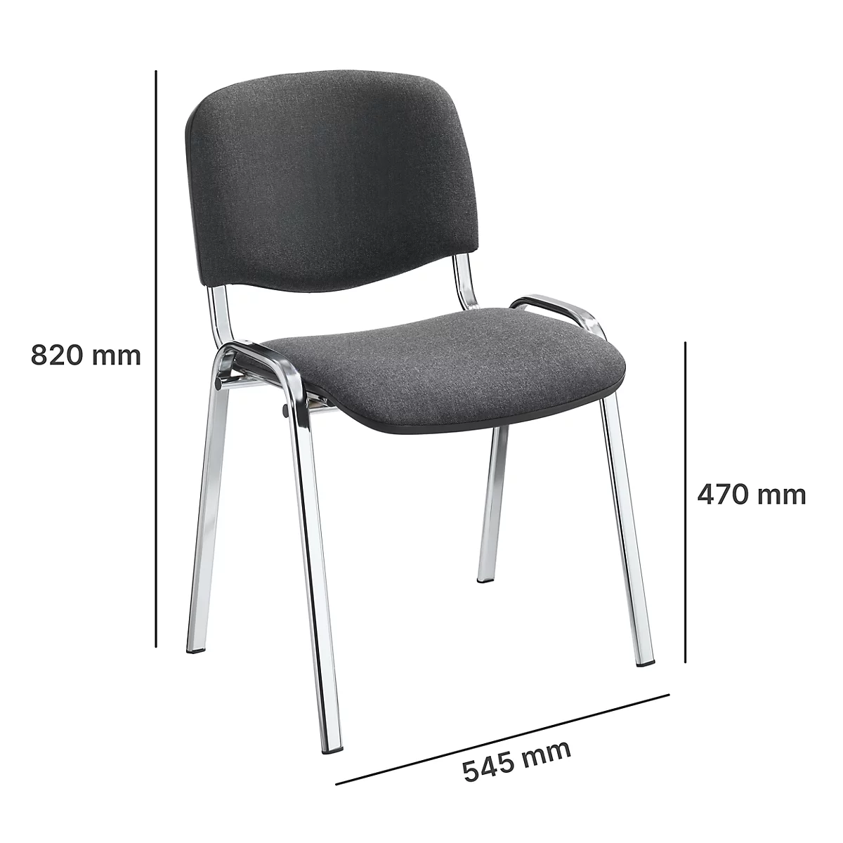 Gray chair with metal legs. Dimensions are shown.
