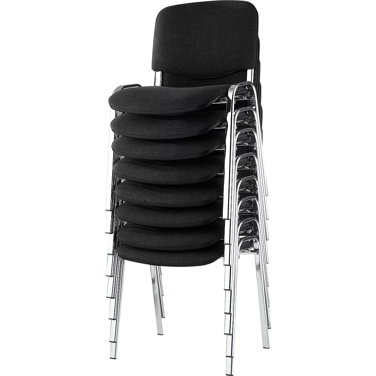 Stacked black chairs with silver metal legs. The backs and seats are padded.