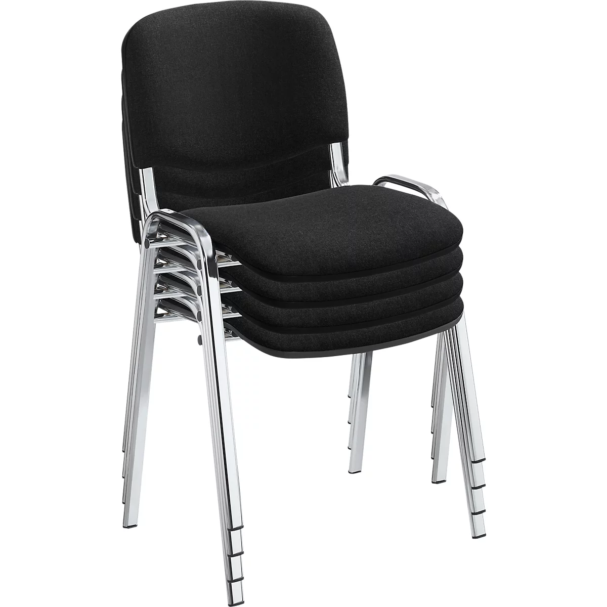 Stacked black chairs with chrome metal frames.