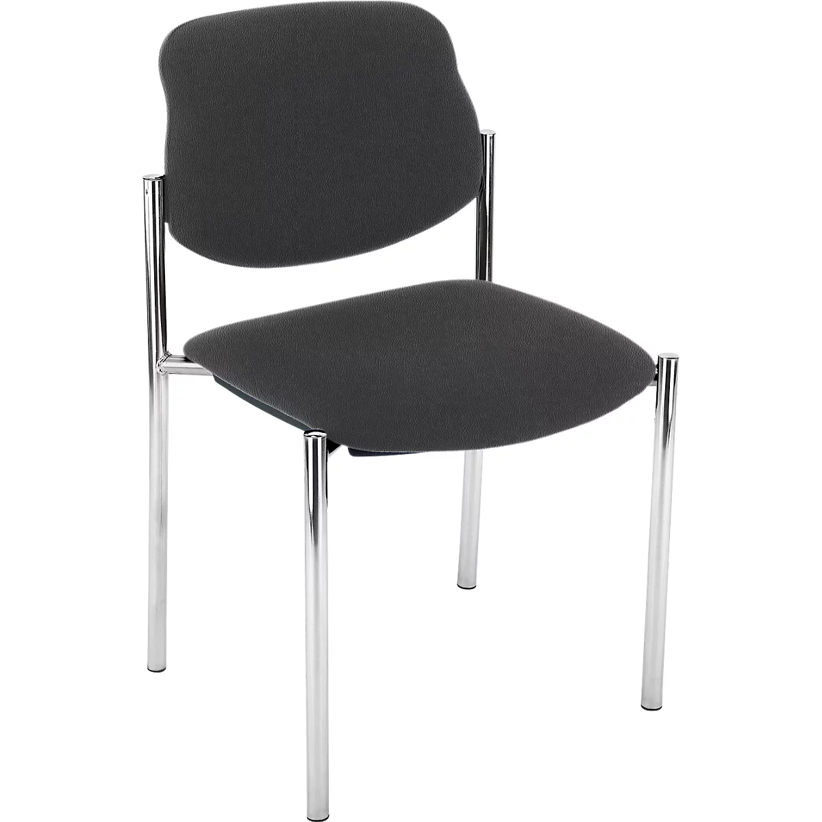 Zwarte stoel met chroom frame. De zitting en rugleuning zijn gestoffeerd. De rugleuning heeft een onregelmatige vorm.