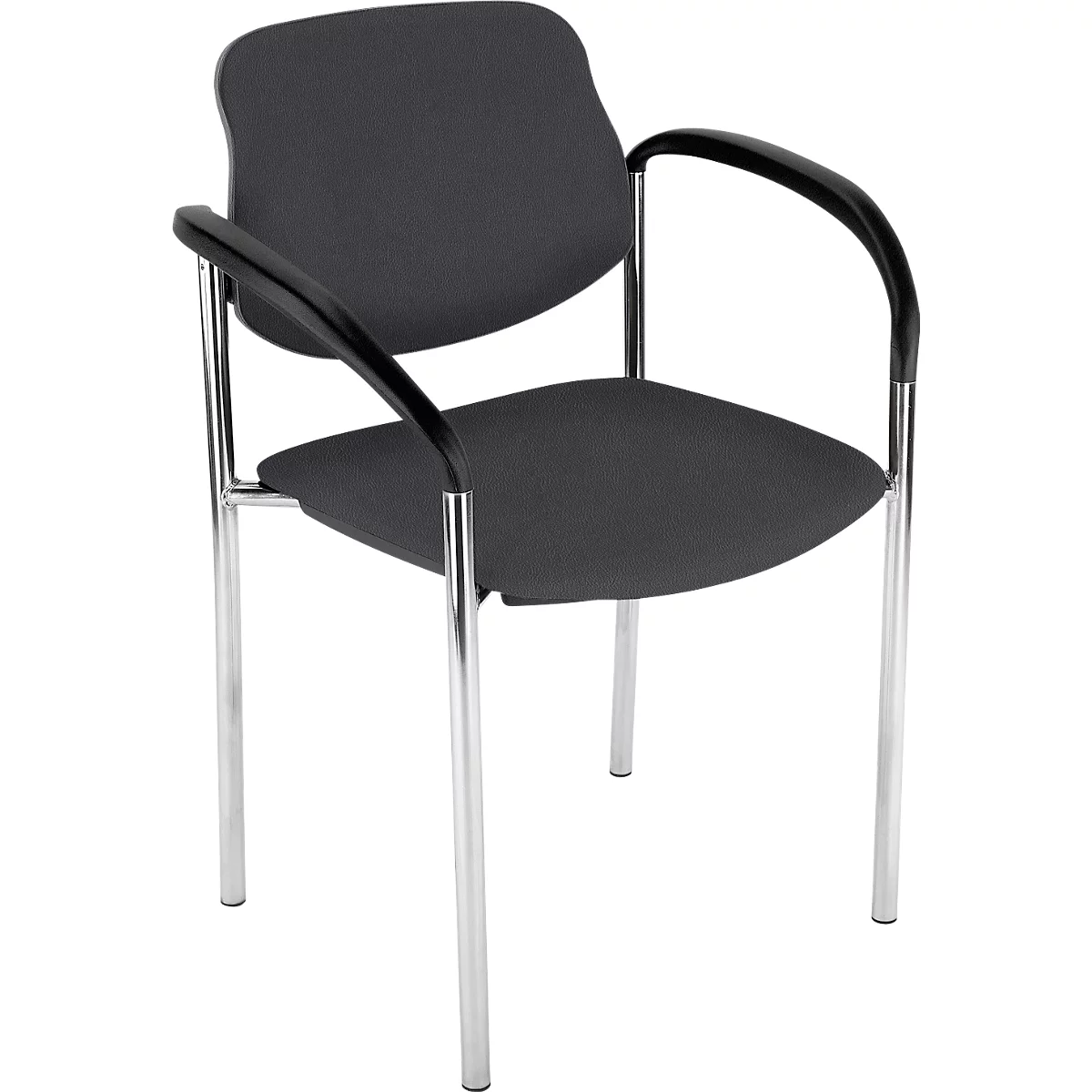 Grauer Stuhl mit Armlehnen und Chromgestell. Rückenlehne und Sitzfläche sind gepolstert.