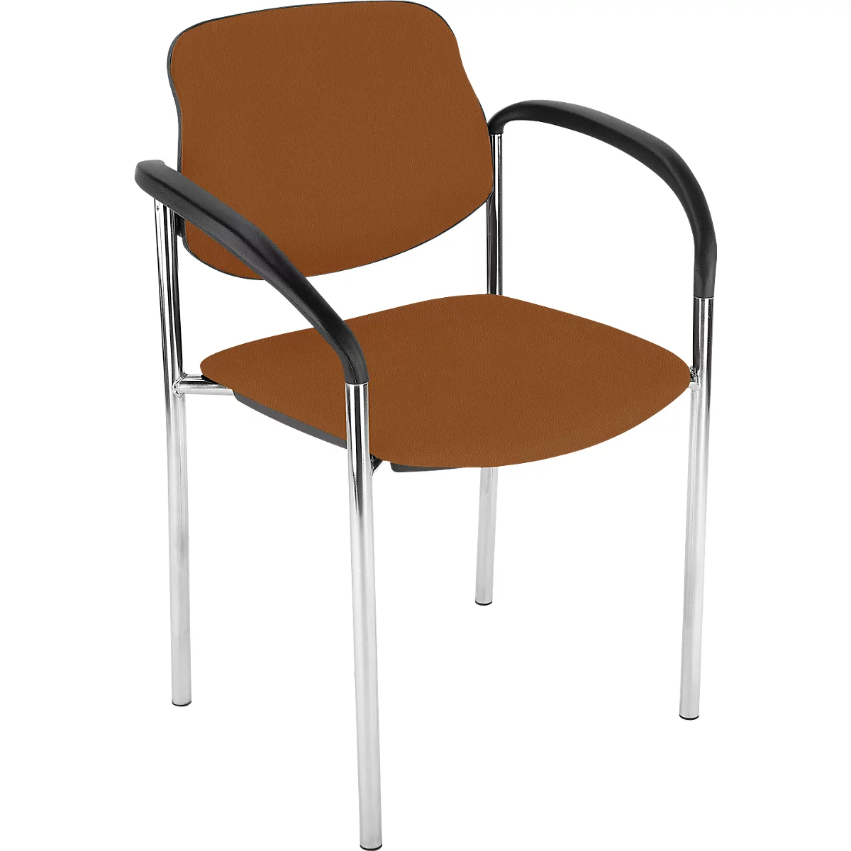 Bürostuhl mit brauner Sitzfläche, Rückenlehne, Armlehnen und silbernen Beinen.