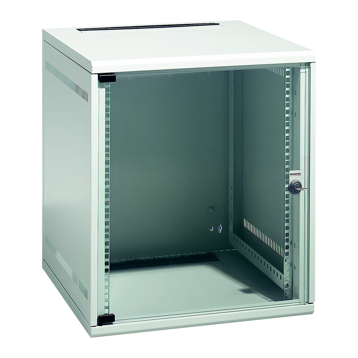 Une armoire réseau blanche ouverte avec porte vitrée et clé.
