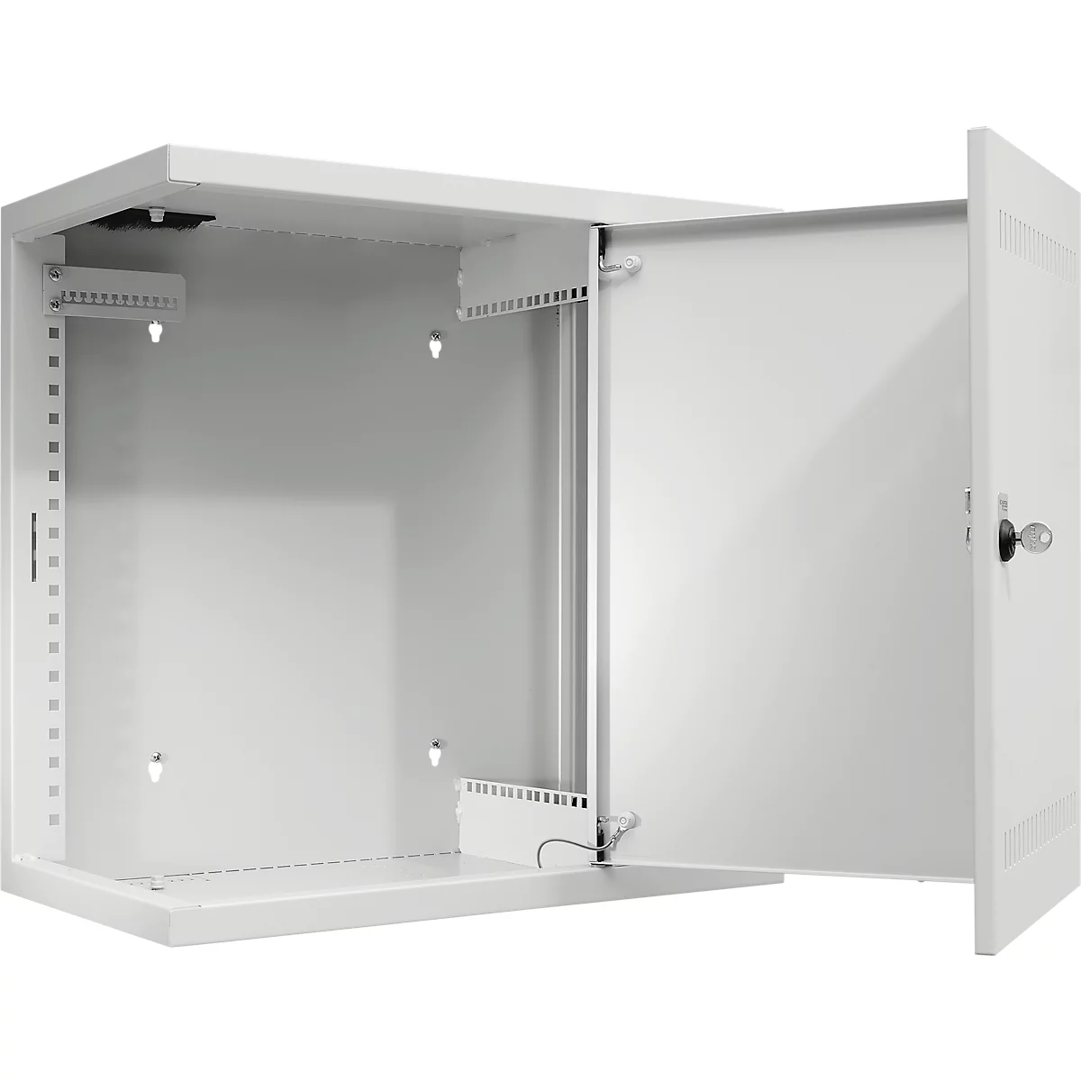 An open white server cabinet with the door open. Inside are brackets for the devices.