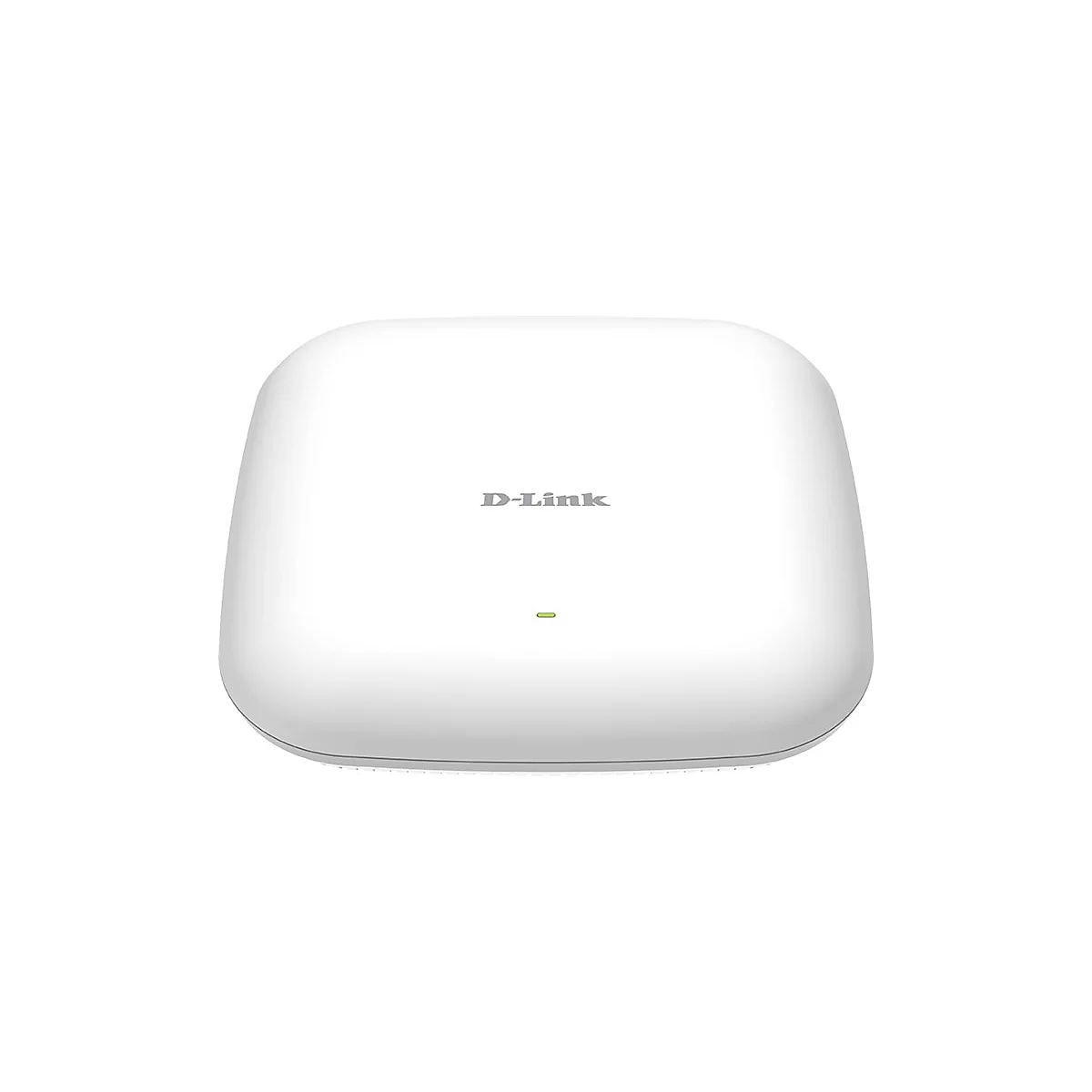 Point d'accès Wi-Fi D-Link blanc, rectangulaire avec coins arrondis, lettrage D-Link au milieu, voyant lumineux vert en dessous.