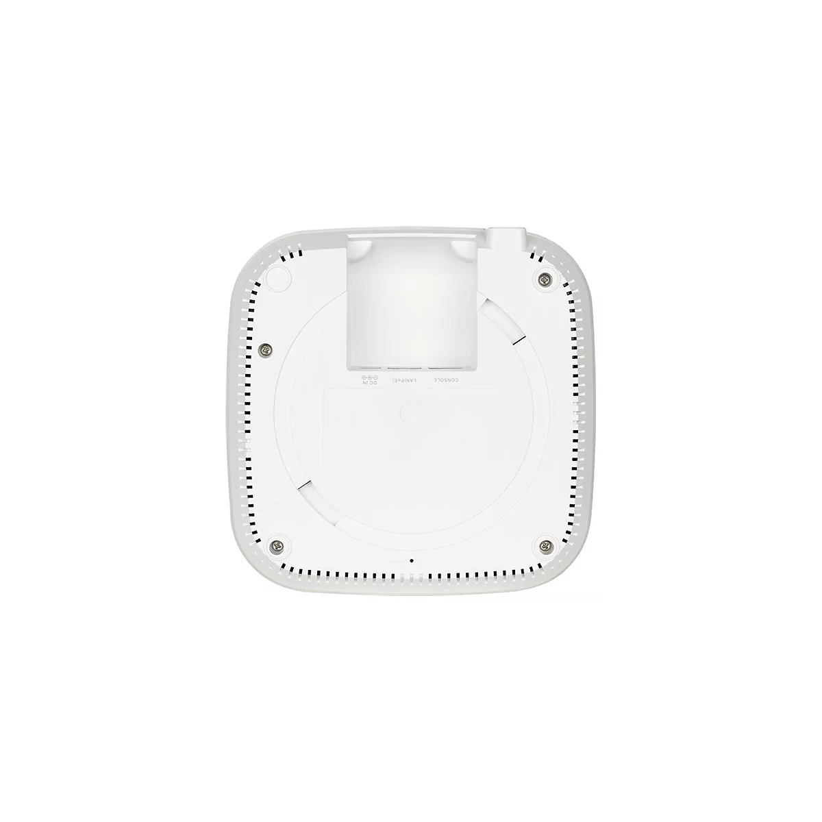 Unterseite eines weißen Access Points mit Schrauben, Anschlüssen und Halterung.