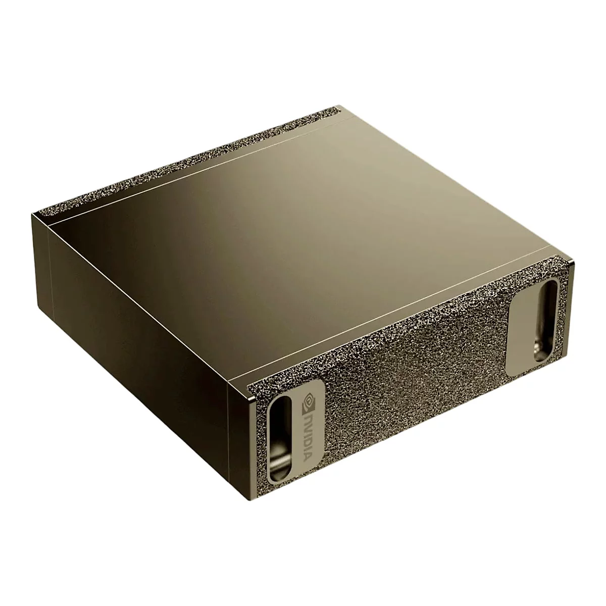 Dunkelgraue rechteckige Komponente mit strukturierten Kanten. Das NVIDIA-Logo ist auf einer Seite zu sehen.