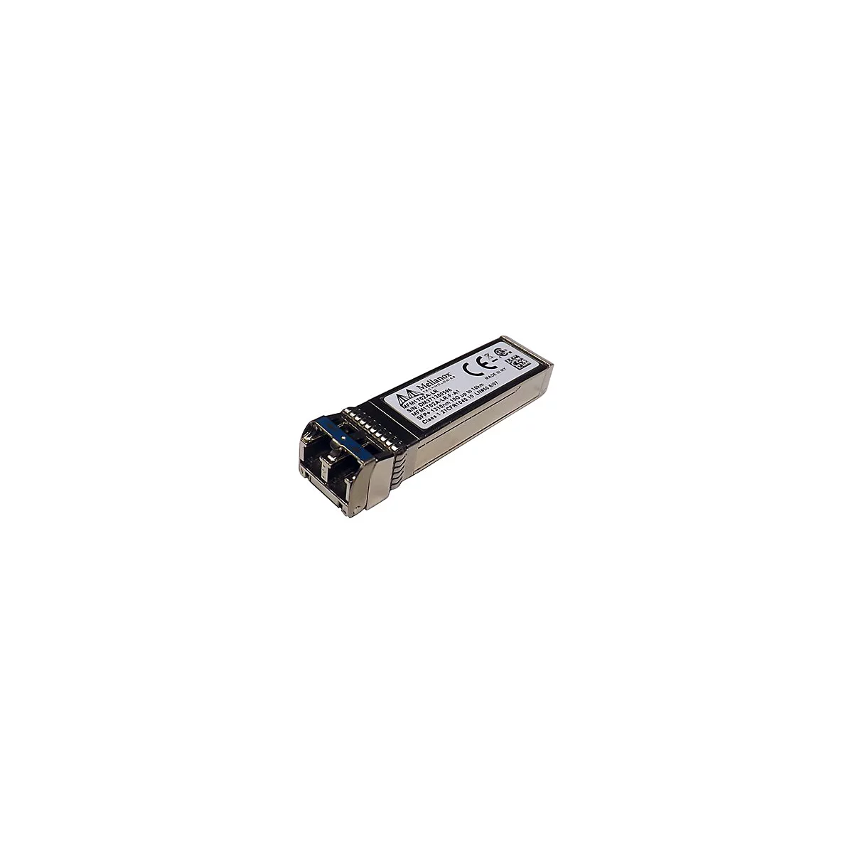 Ein Metall-SFP-Transceiver mit grauer Oberfläche, blauem Anschluss und Beschriftung "Mellanox Technologies".