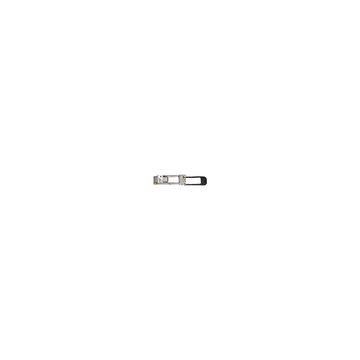 Silberner SFP-Transceiver mit einem schwarzen Entriegelungshebel vor weißem Hintergrund.