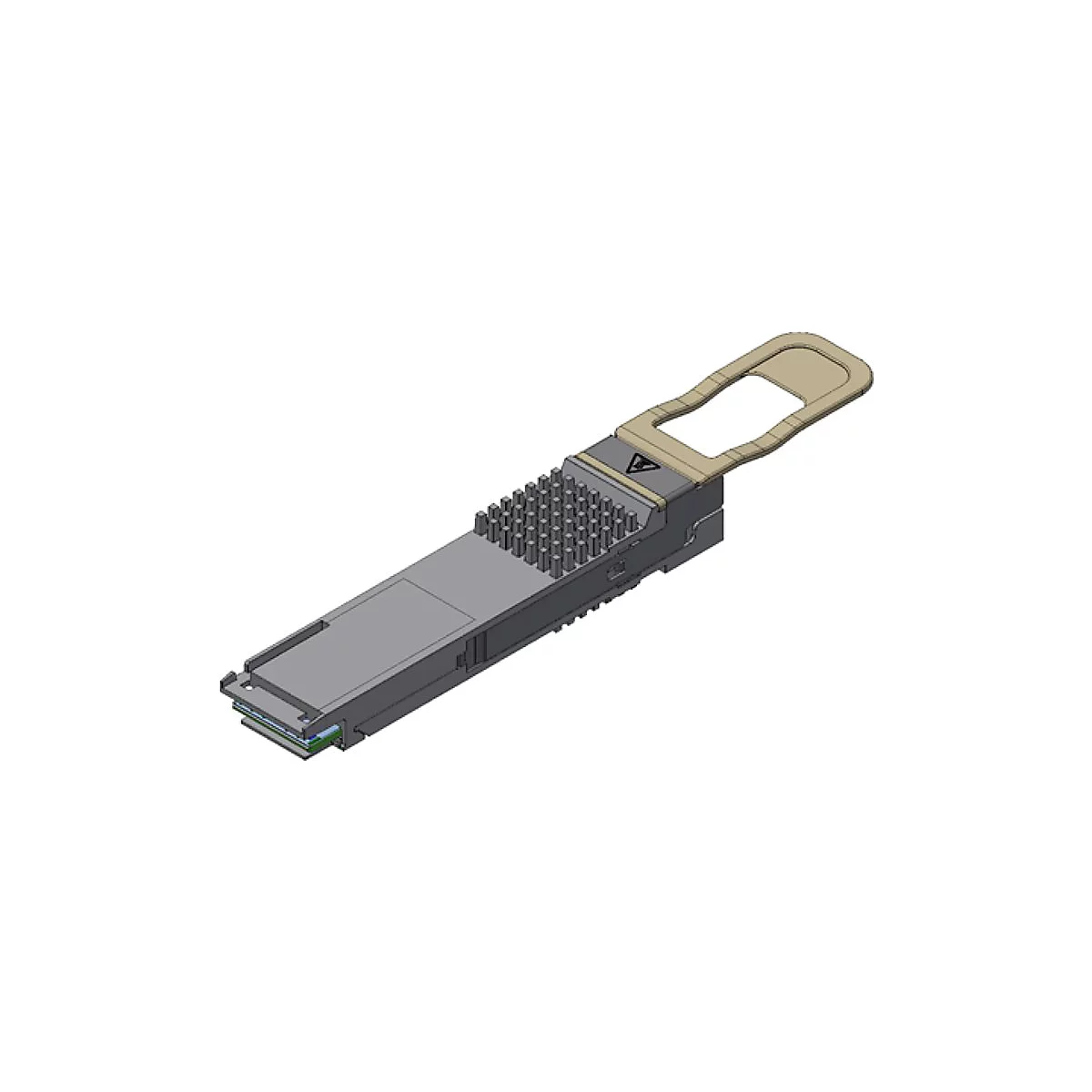 Technisches Modell eines grauen QSFP-Transceivers mit Kühlrippen und beigem Entriegelungshebel.