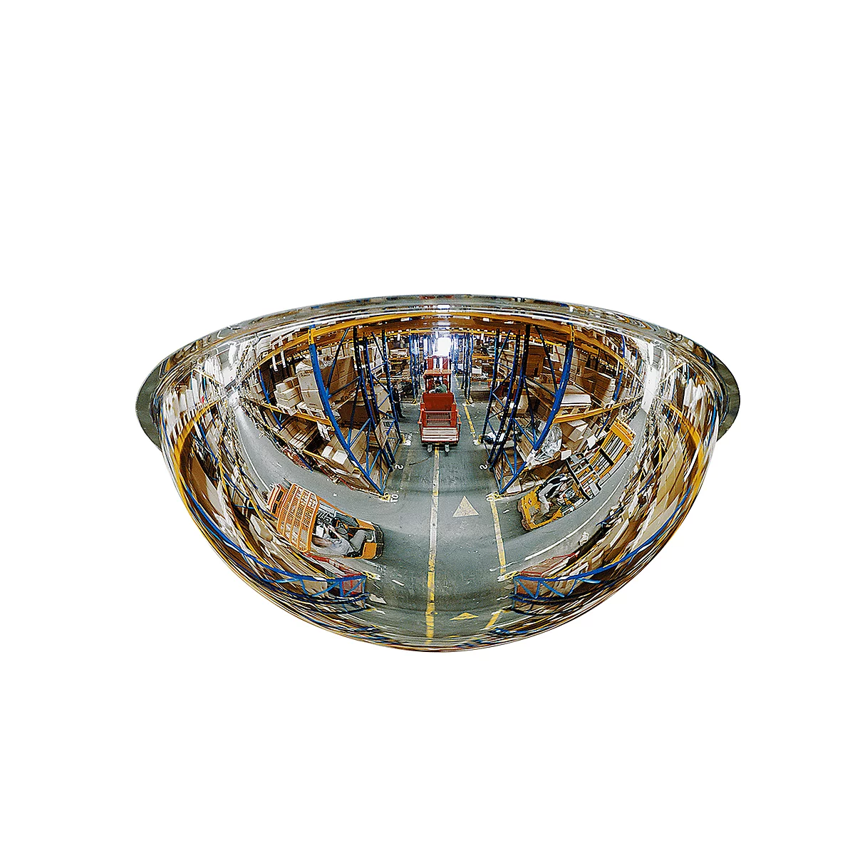Spherical mirror reflecting warehouse with forklift. The mirror has a white background.
