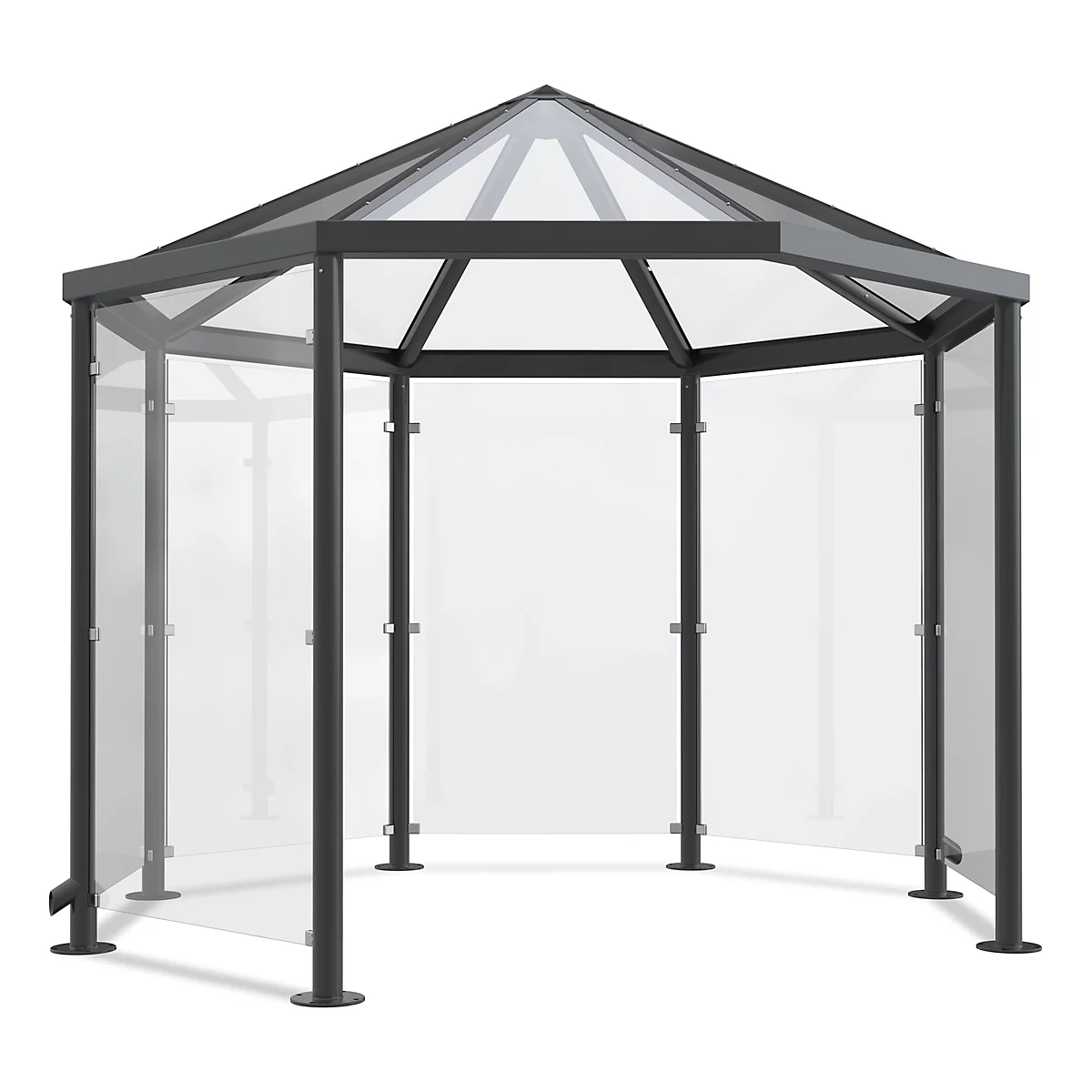 A hexagonal gazebo with glass walls and roof, gray frames, against a white background.