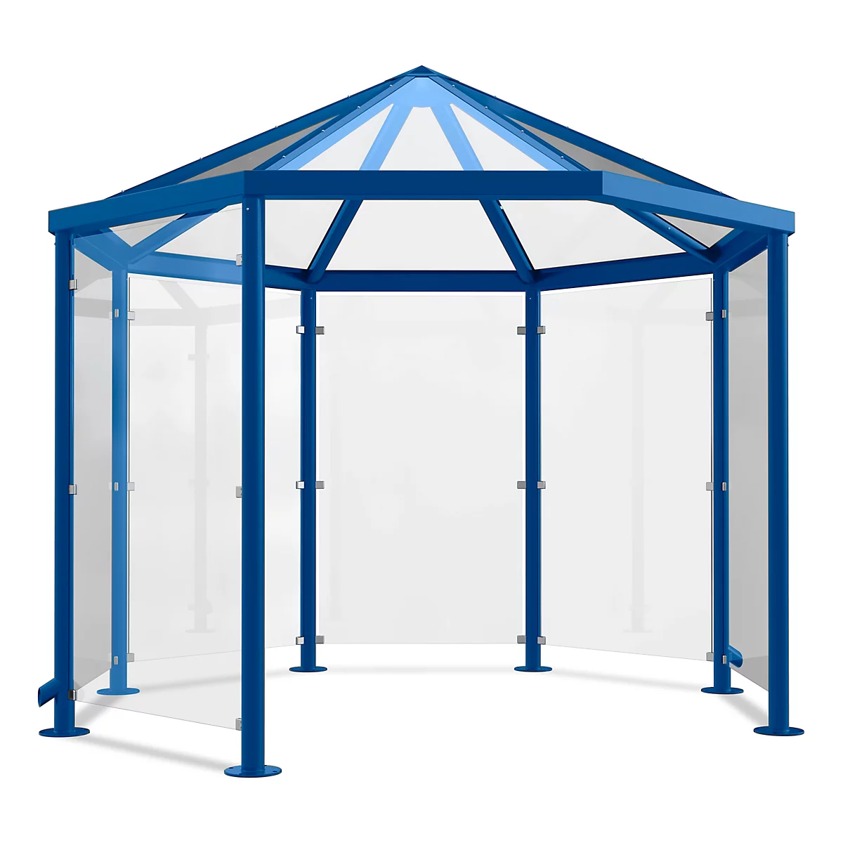 Blue octagonal pavilion with transparent walls and roof, metal frame.