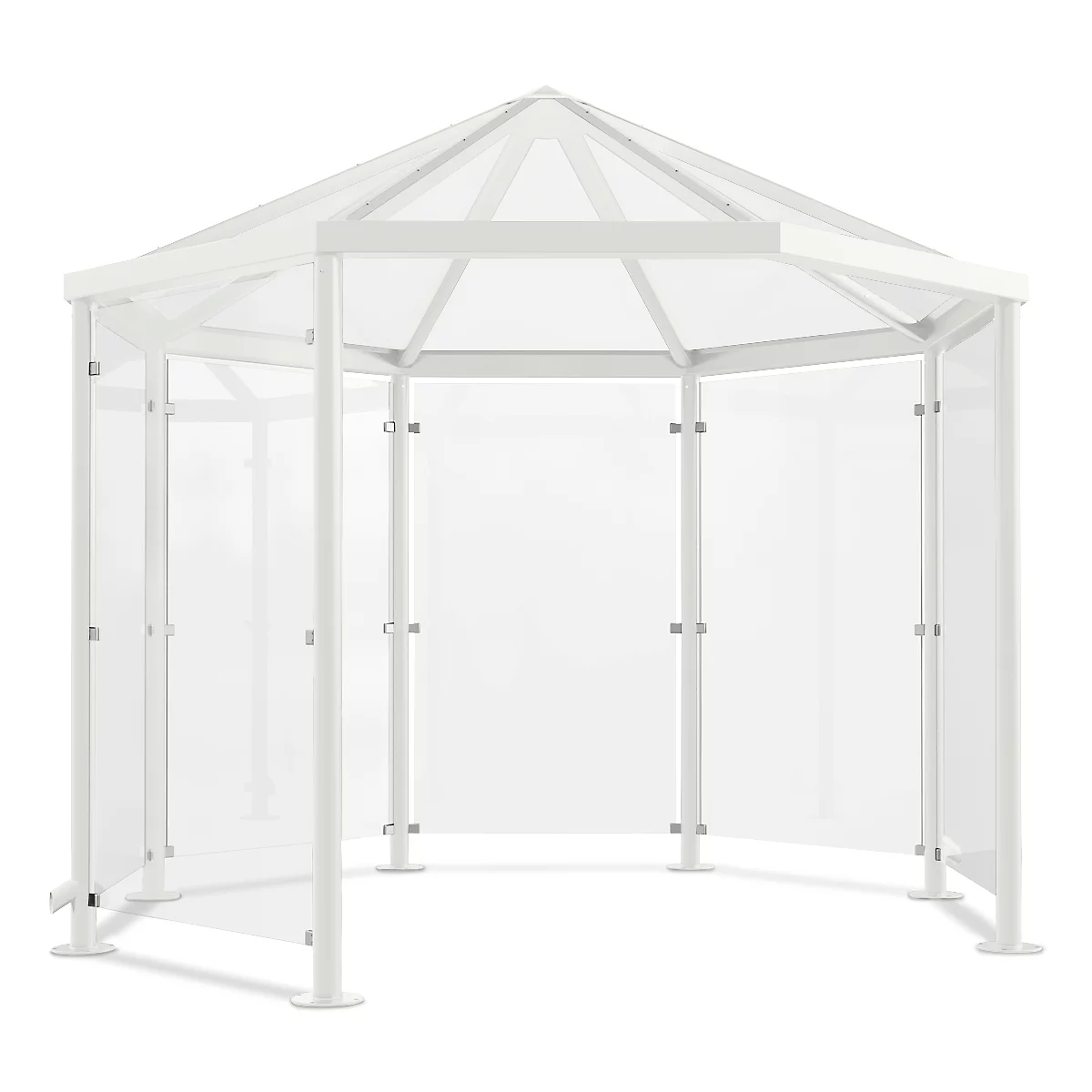 White, octagonal pavilion, open fronts, clear windows, white roof, straight frame.