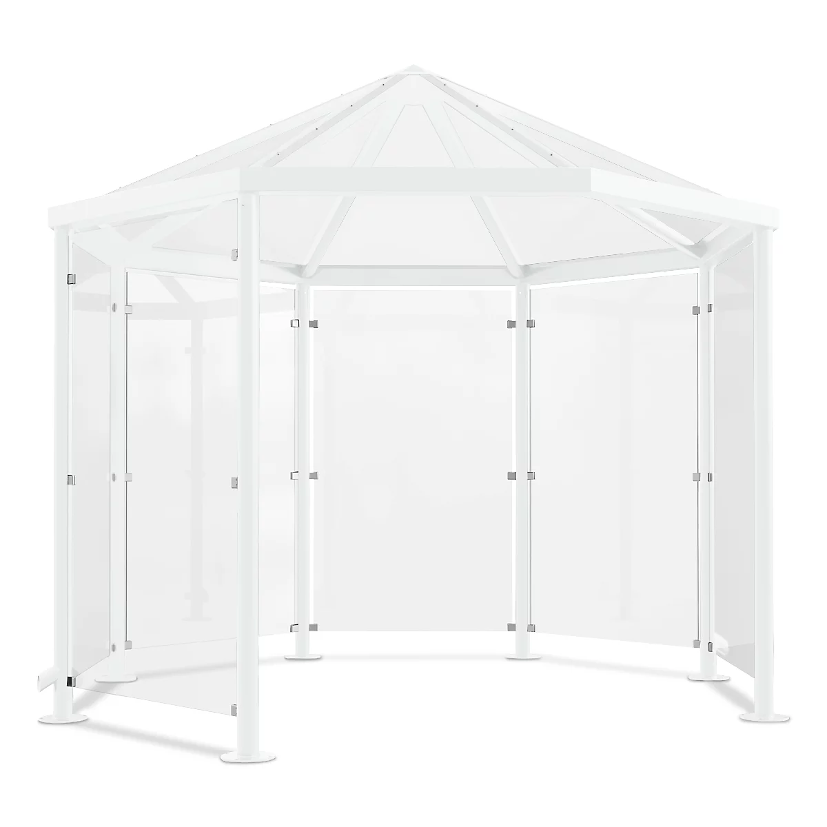 White hexagonal garden gazebo, with transparent side panels and roof. Ideal for the garden.