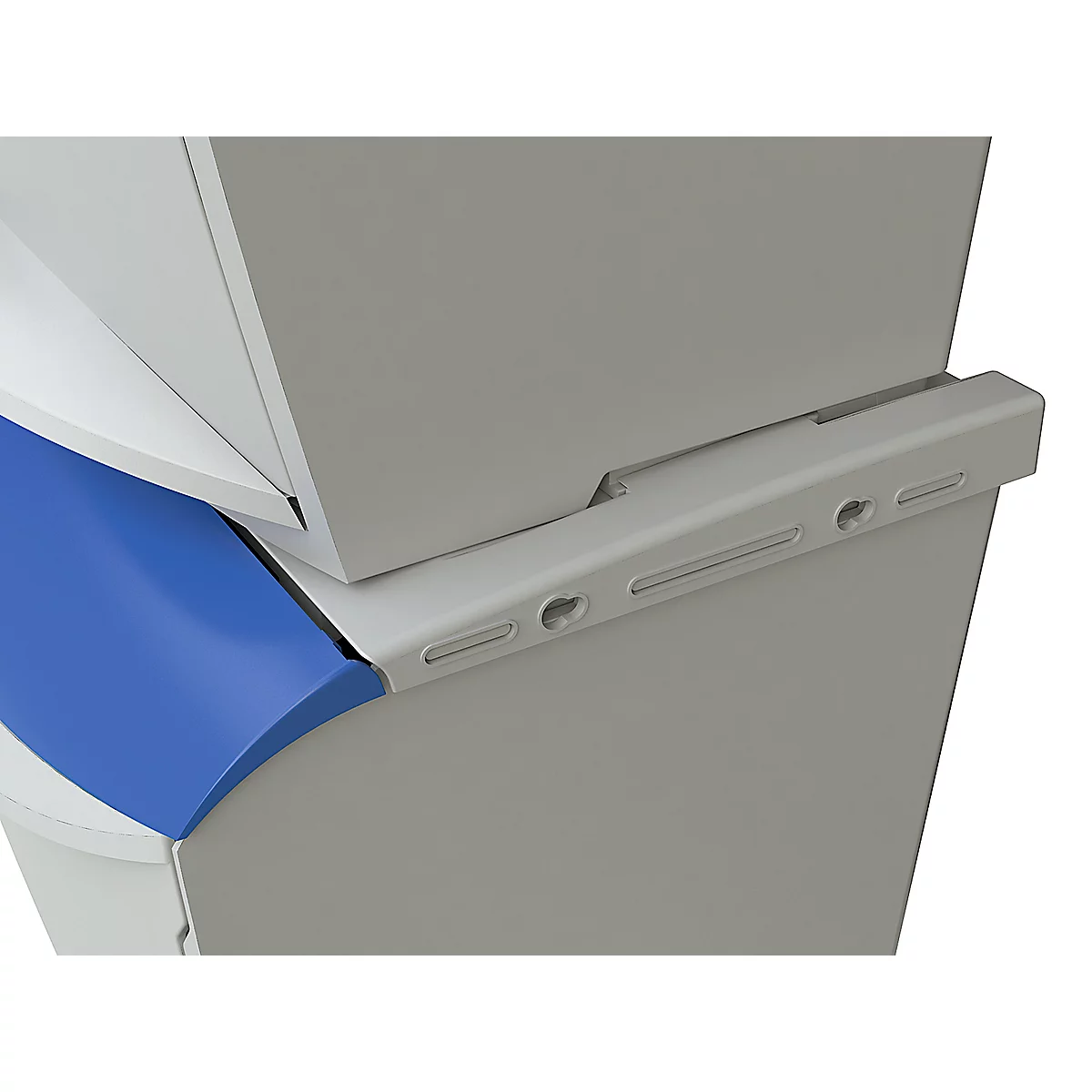 Detail view of a white and blue structure with metallic accents.