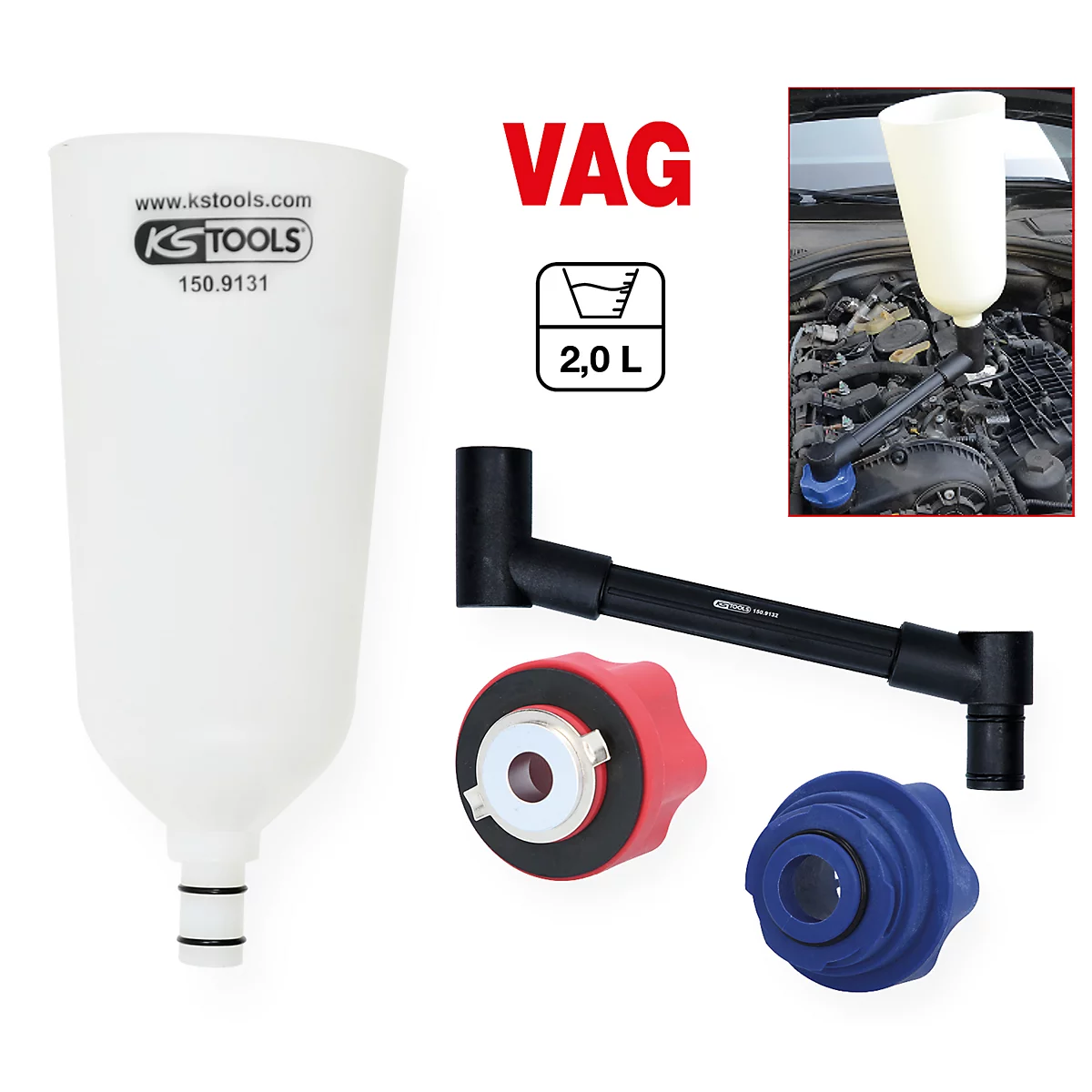 Weißer Trichter, Adapter und Anschlüsse. Aufschrift: VAG, 2,0L, KS TOOLS 150.9131. Anwendung am Motor.