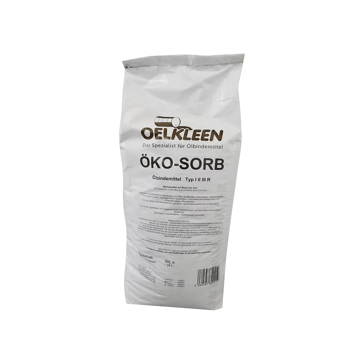 Weißer Sack mit der Aufschrift 'OELKLEEN ÖKO-SORB Ölbindemittel'. Der Sack ist teilweise mit Text bedruckt, der Informationen zum Produkt enthält.