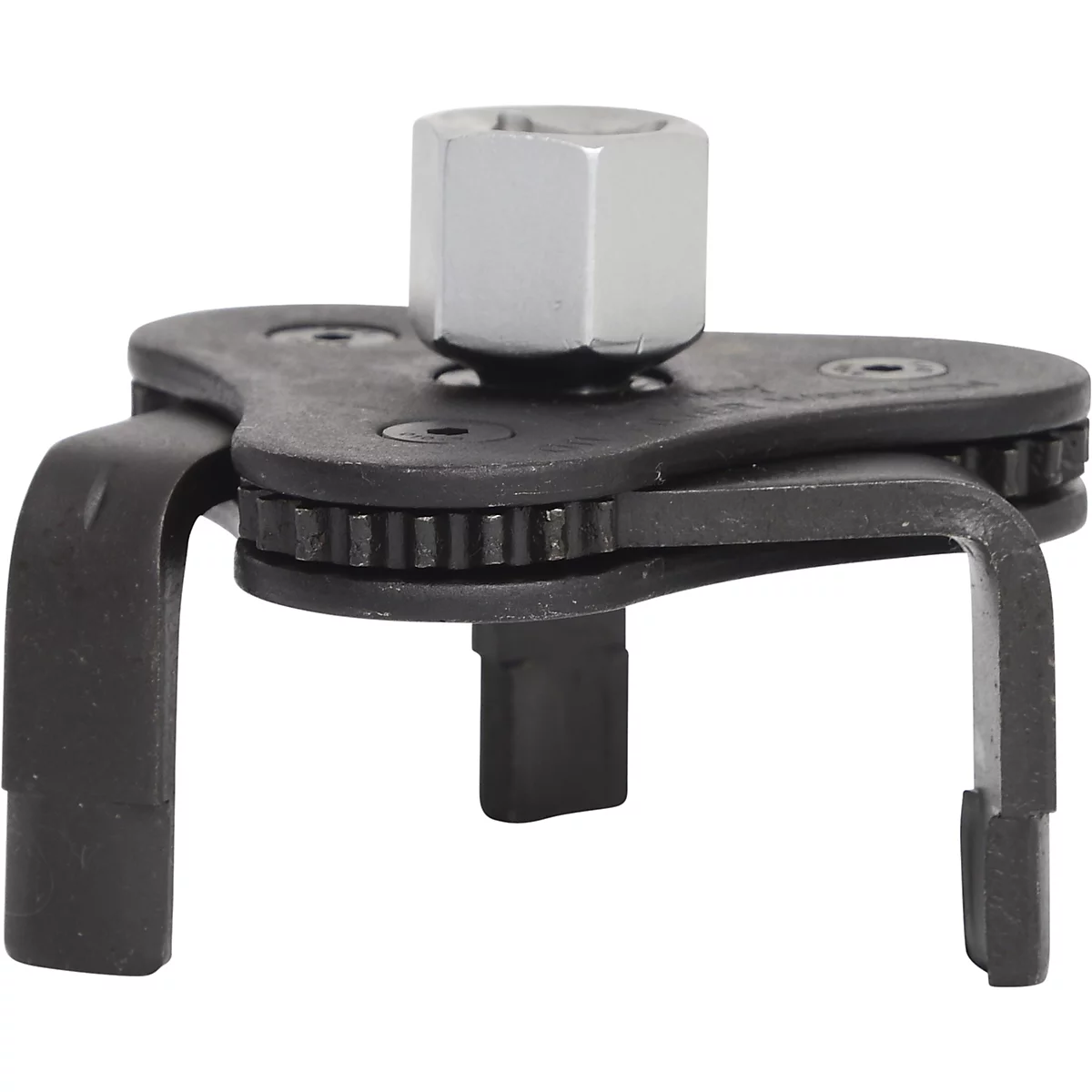 Ein metallischer Ölfilterschlüssel mit drei Armen, einem Zahnrad und einer silbernen Sechskantmutter.