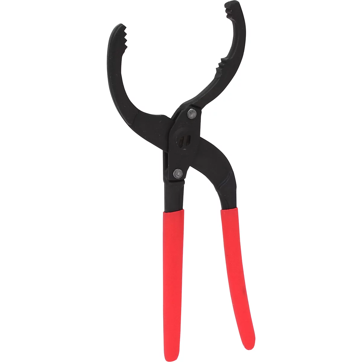 Eine schwarze Ölfilterschlüssel mit roten Griffen.