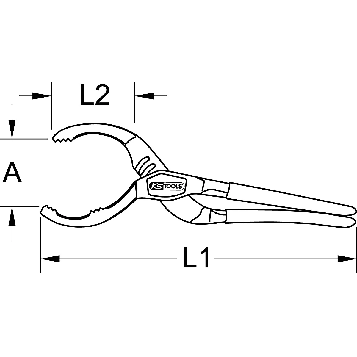Eine technische Zeichnung zeigt eine Rohrzange mit den Kennzeichnungen A, L1 und L2.