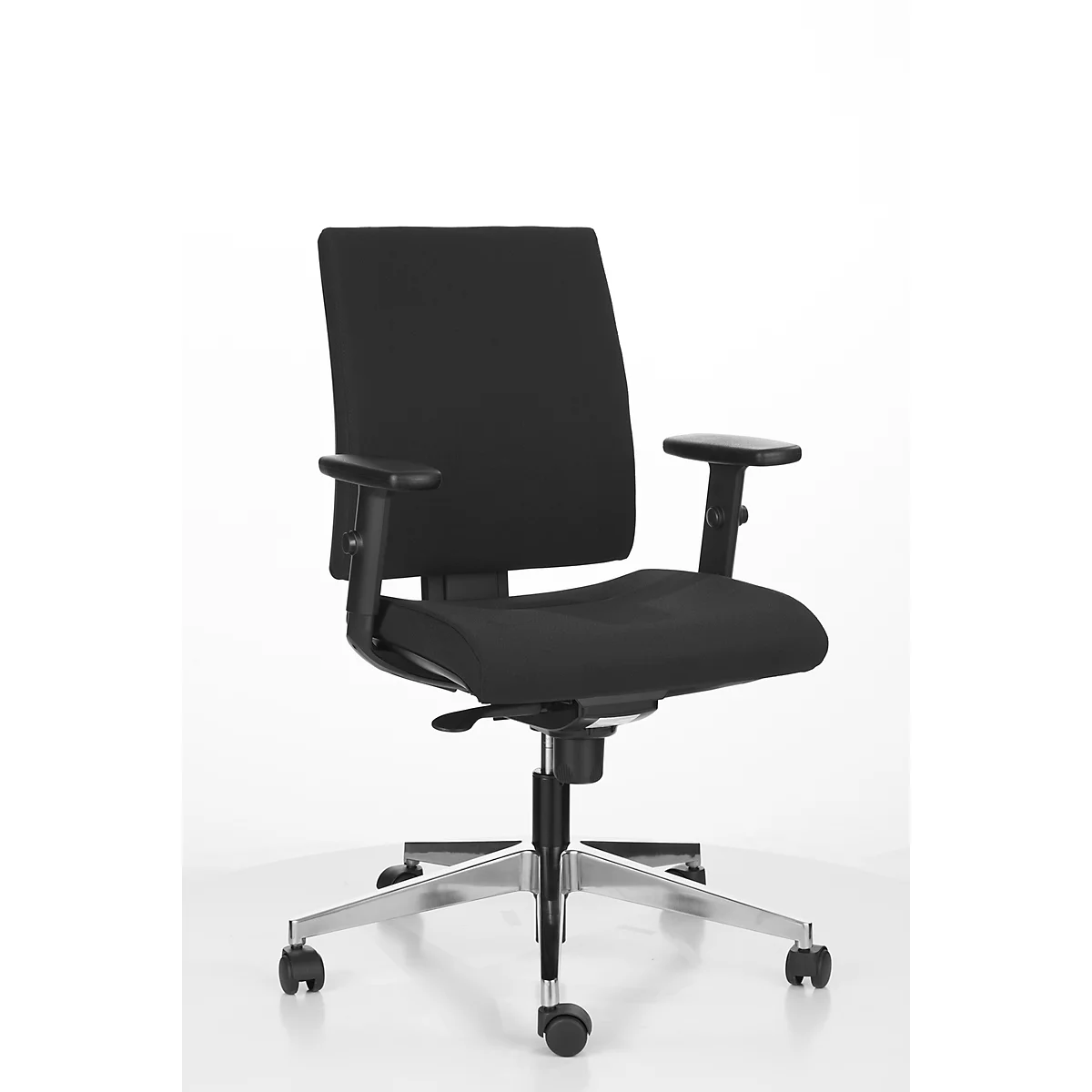 Black office chair on castors, armrests and adjustable seat height, against a white background.