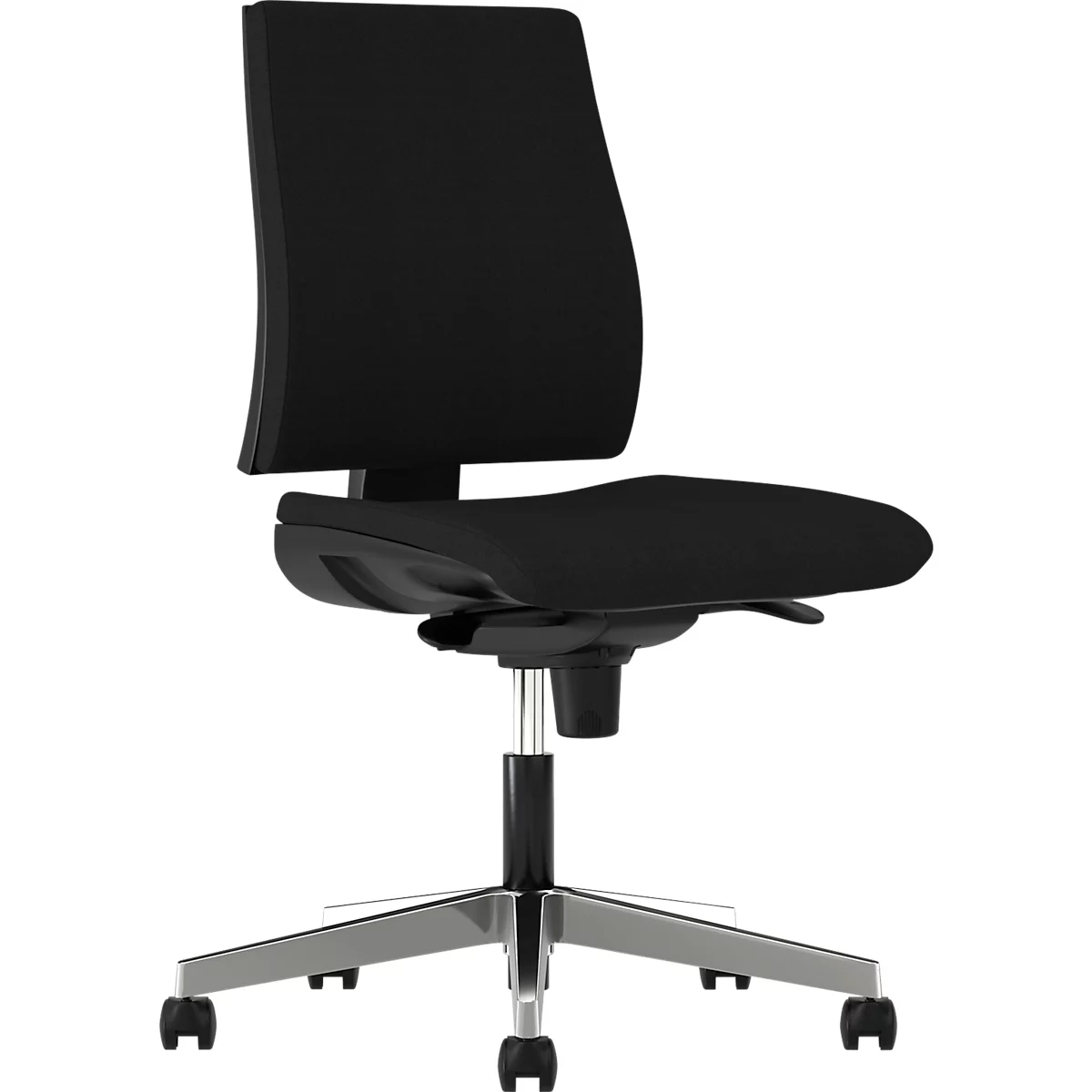Black office chair with backrest, seat, castors and metal base.