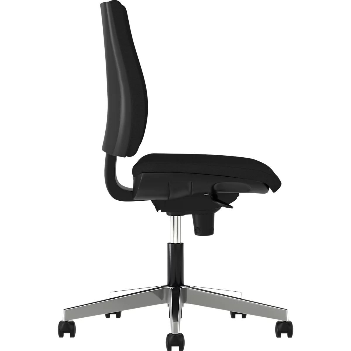 Black office chair, side view. Backrest and seat are black. Five-arm, silver-colored frame with wheels.