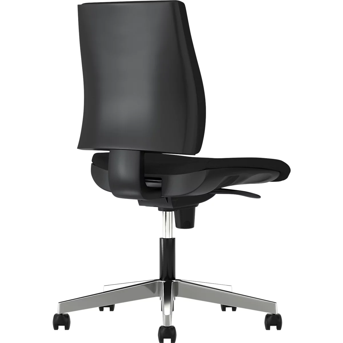 Black office chair with backrest, seat and castors. Metal base with five legs.